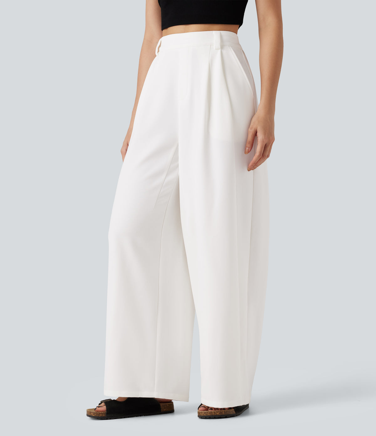 High Waisted Wide Leg Work Trousers with Pockets — White — view 3