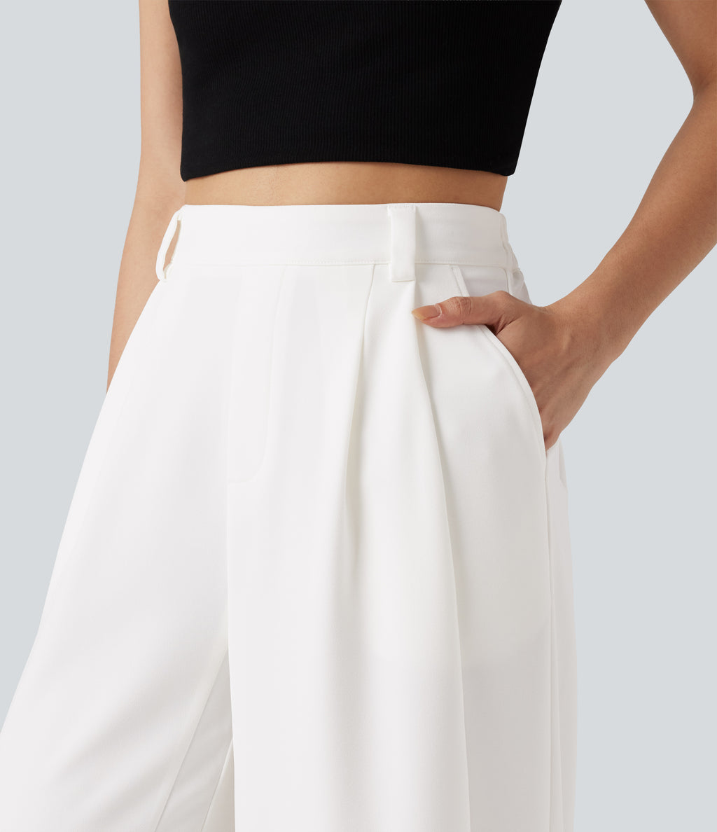 High Waisted Wide Leg Work Trousers with Pockets — White — view 4
