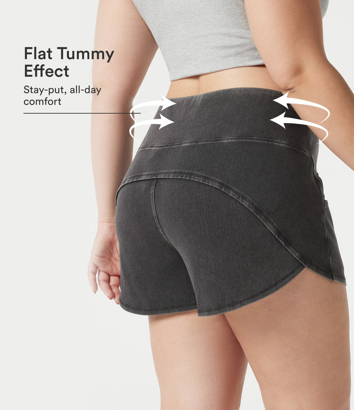 Denim Plus Size High Waisted Tummy Control Curved Hem Skinny Casual Shorts with Pockets — Poppy Seed Denim — view 1
