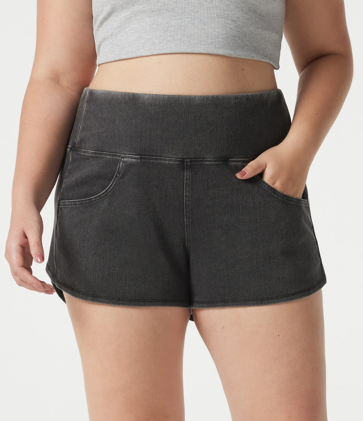 Denim Plus Size High Waisted Tummy Control Curved Hem Skinny Casual Shorts with Pockets — Poppy Seed Denim — view 2