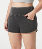 Denim Plus Size High Waisted Tummy Control Curved Hem Skinny Casual Shorts with Pockets — Poppy Seed Denim — view 5