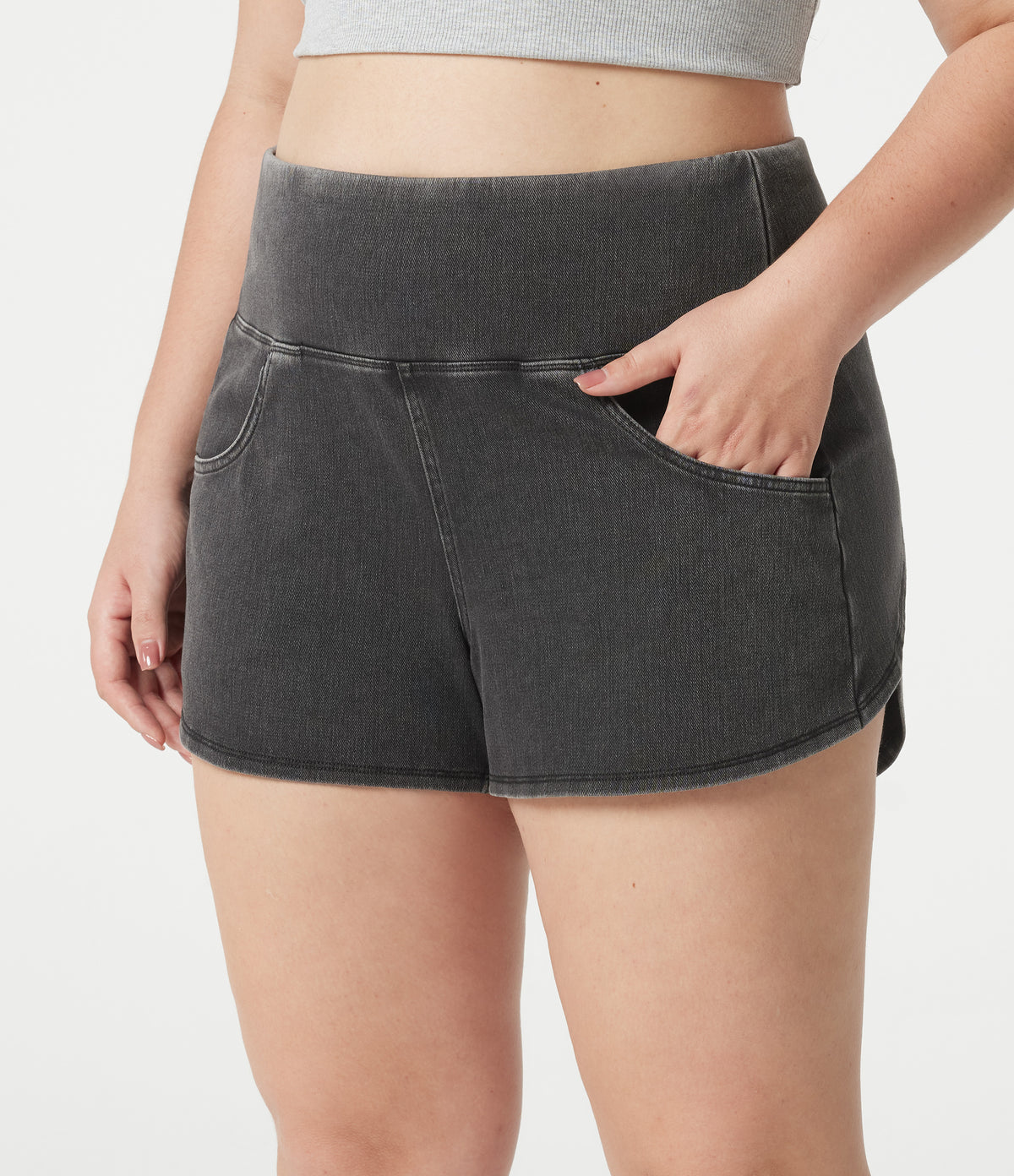 Denim Plus Size High Waisted Tummy Control Curved Hem Skinny Casual Shorts with Pockets — Poppy Seed Denim — view 5