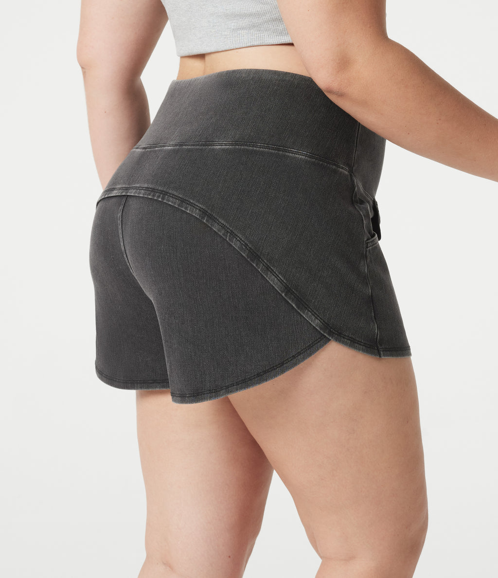 Denim Plus Size High Waisted Tummy Control Curved Hem Skinny Casual Shorts with Pockets — Poppy Seed Denim — view 4