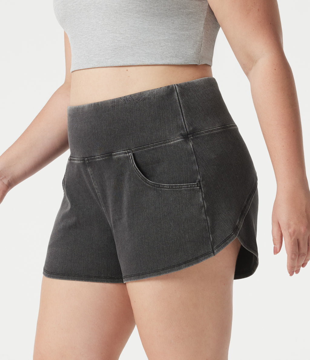 Denim Plus Size High Waisted Tummy Control Curved Hem Skinny Casual Shorts with Pockets — Poppy Seed Denim — view 3