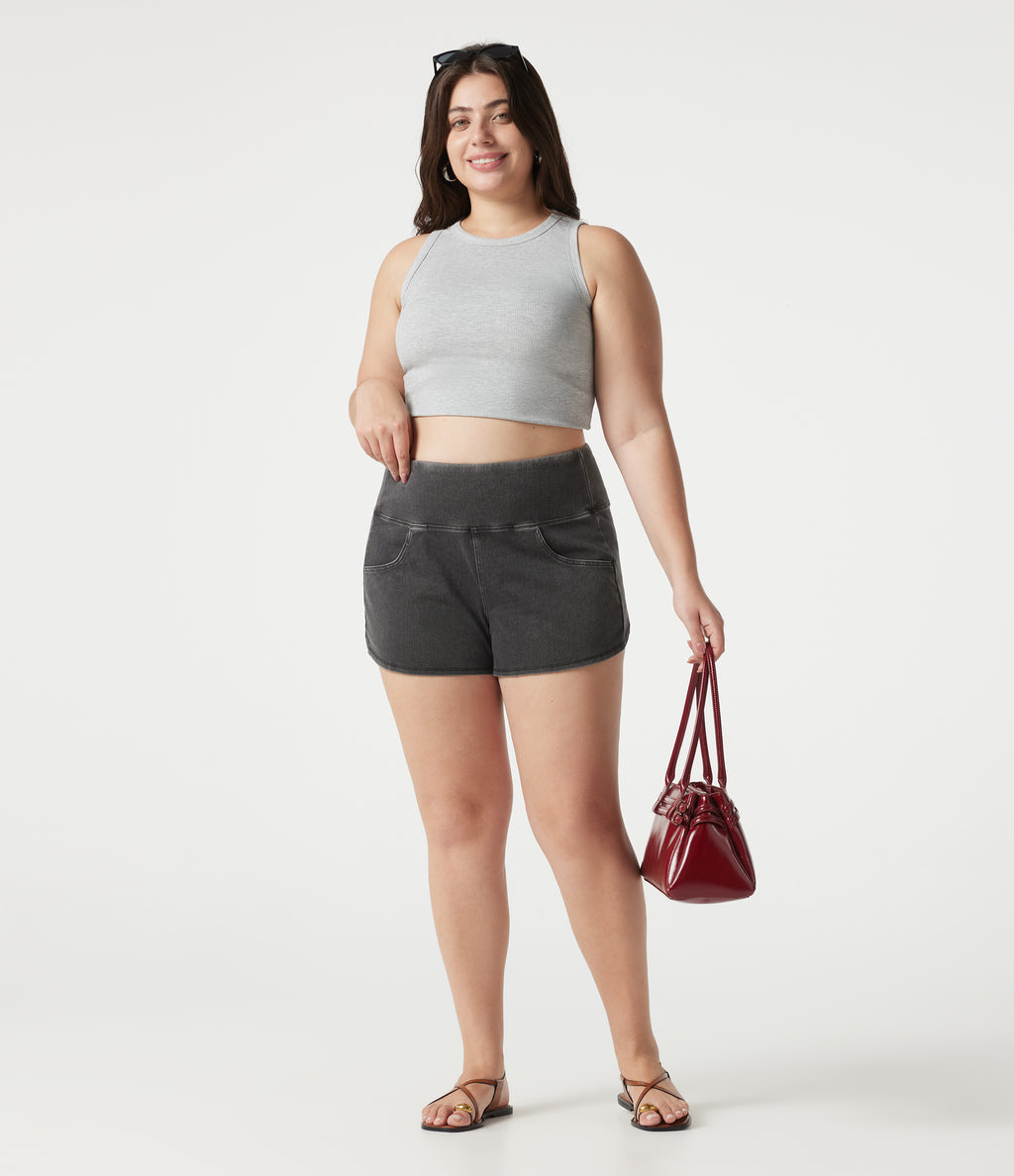 Denim Plus Size High Waisted Tummy Control Curved Hem Skinny Casual Shorts with Pockets — Poppy Seed Denim — view 7