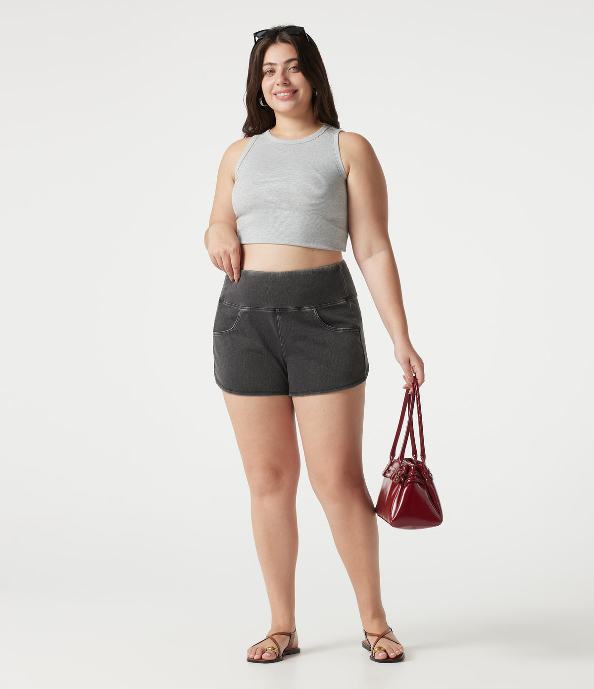 Denim Plus Size High Waisted Tummy Control Curved Hem Skinny Casual Shorts with Pockets — Poppy Seed Denim — view 7