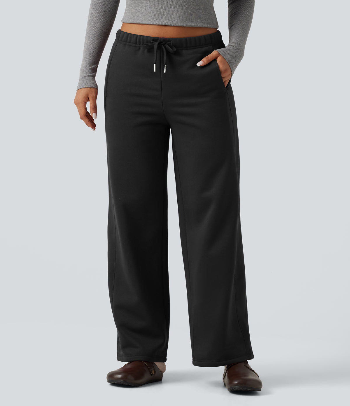 Low Rise Drawstring Workout Fleece Straight-leg Trousers with Pockets — Black — view 6