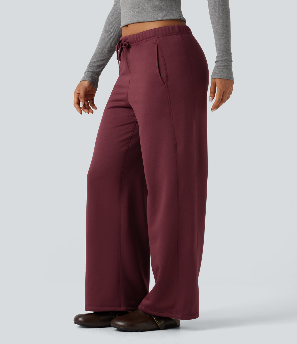 Low Rise Drawstring Workout Fleece Straight-leg Trousers with Pockets — Chocolate Truffle — view 3