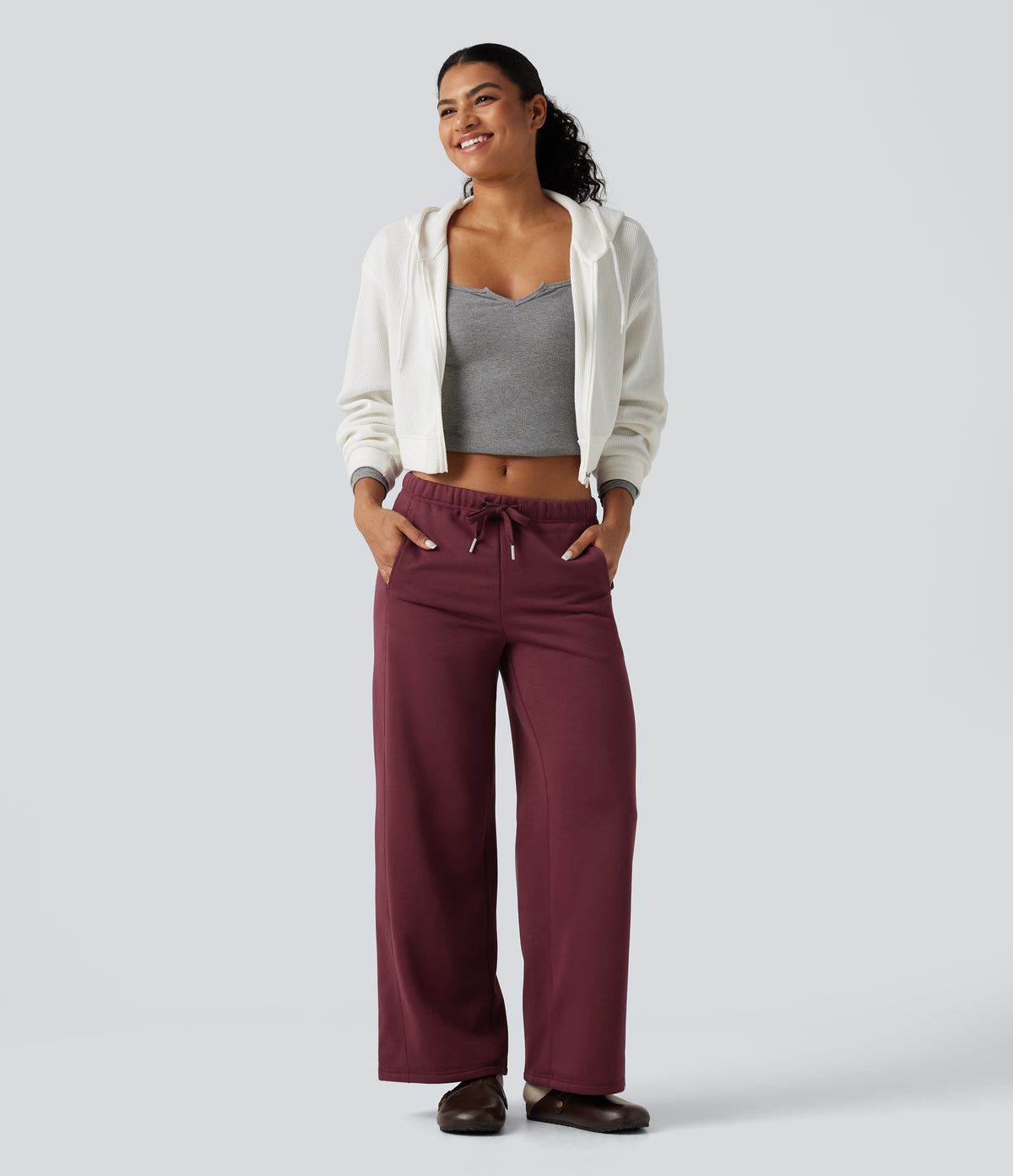 Low Rise Drawstring Workout Fleece Straight-leg Trousers with Pockets — Chocolate Truffle — view 5