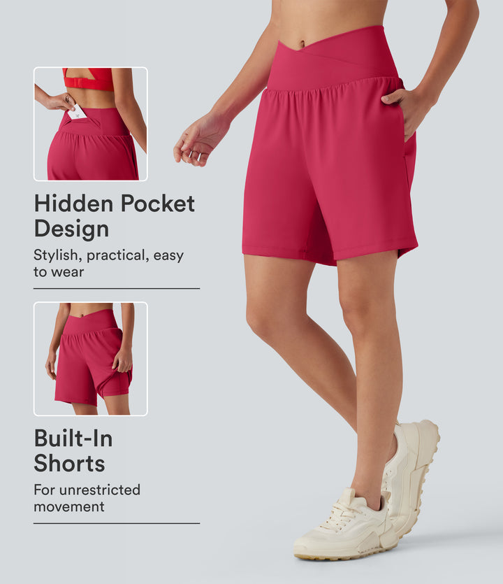 Airy Crossover High Waisted 2-in-1 InstantCool Yoga Shorts 7'' with Pockets — Winterberry — view 1