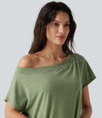 One-Shoulder Short Sleeve Curved Hem High Low Built-in Bra Casual Heathered Top — Light Green Floral Yarn — view 5