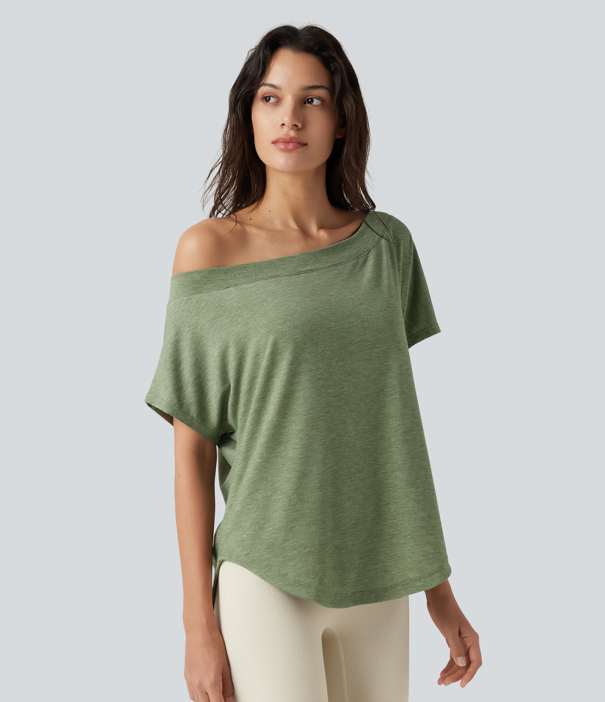 One-Shoulder Short Sleeve Curved Hem High Low Built-in Bra Casual Heathered Top — Light Green Floral Yarn — view 4
