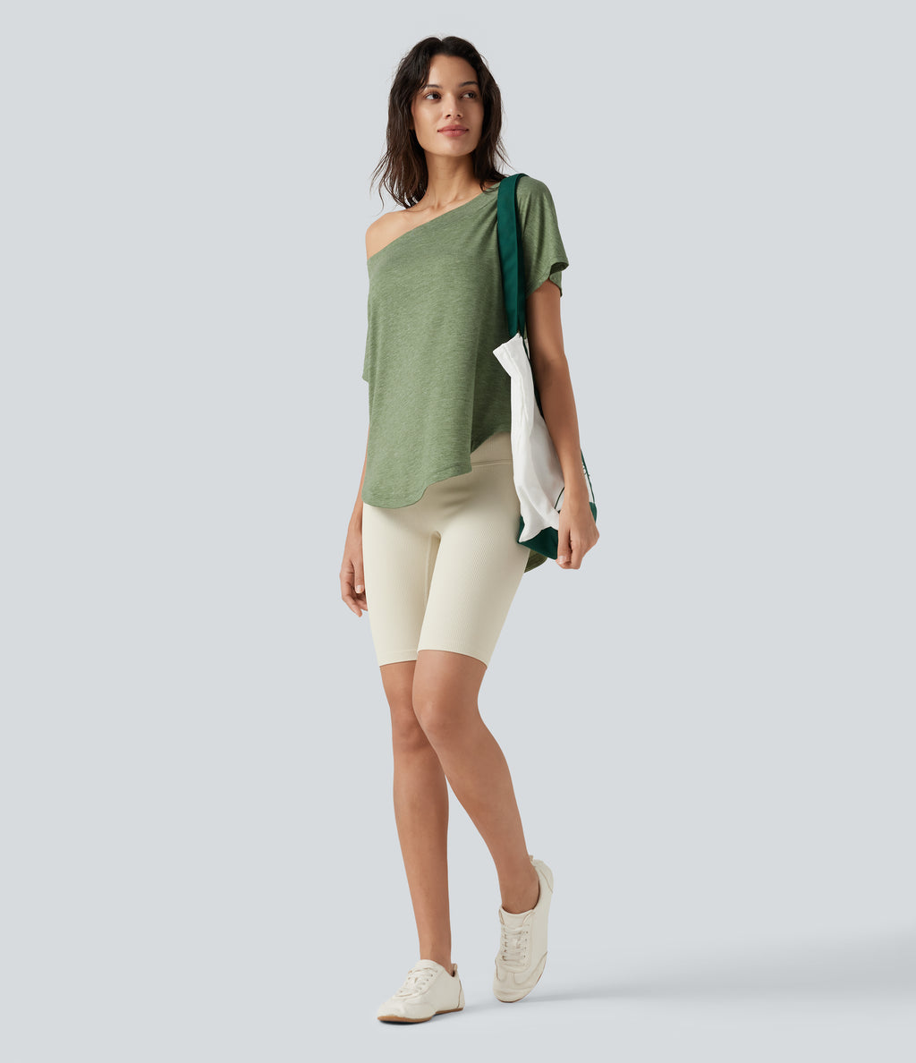 One-Shoulder Short Sleeve Curved Hem High Low Built-in Bra Casual Heathered Top — Light Green Floral Yarn — view 8