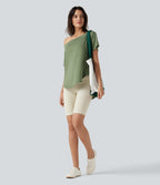 One-Shoulder Short Sleeve Curved Hem High Low Built-in Bra Casual Heathered Top — Light Green Floral Yarn — view 8