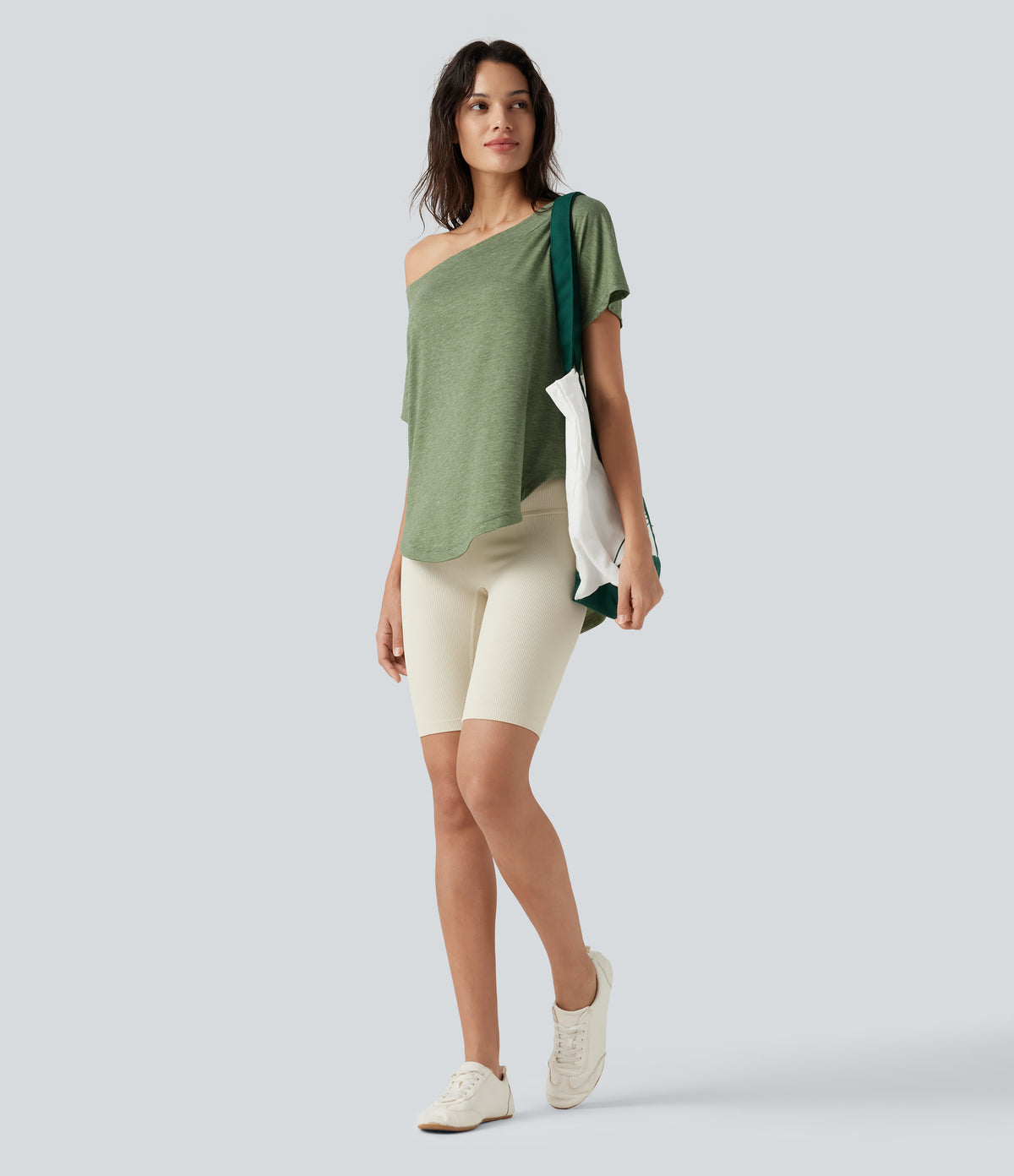 One-Shoulder Short Sleeve Curved Hem High Low Built-in Bra Casual Heathered Top — Light Green Floral Yarn — view 8
