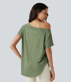 One-Shoulder Short Sleeve Curved Hem High Low Built-in Bra Casual Heathered Top — Light Green Floral Yarn — view 3