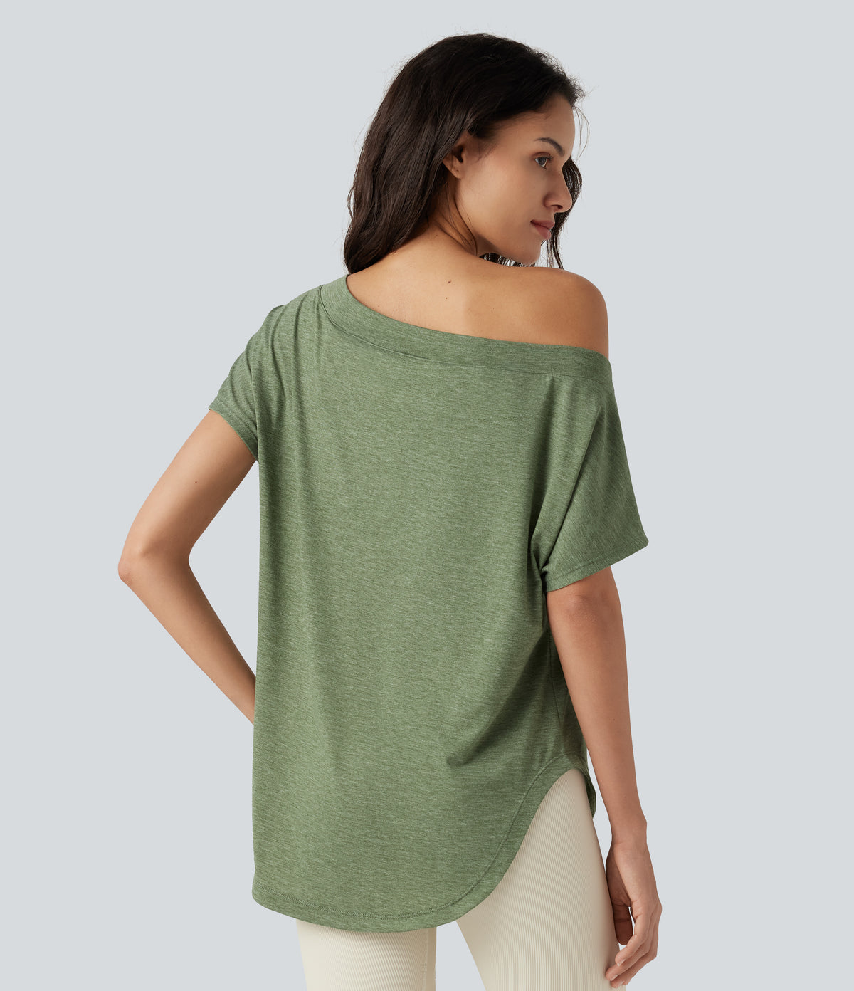 One-Shoulder Short Sleeve Curved Hem High Low Built-in Bra Casual Heathered Top — Light Green Floral Yarn — view 3