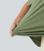 One-Shoulder Short Sleeve Curved Hem High Low Built-in Bra Casual Heathered Top — Light Green Floral Yarn — view 7