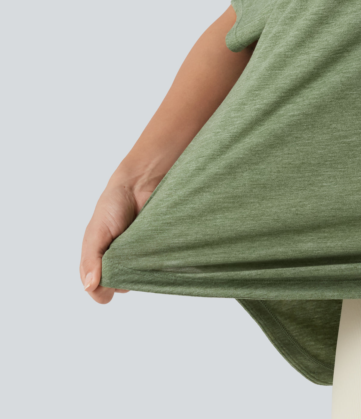 One-Shoulder Short Sleeve Curved Hem High Low Built-in Bra Casual Heathered Top — Light Green Floral Yarn — view 7