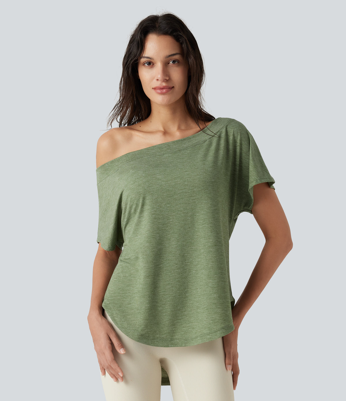 One-Shoulder Short Sleeve Curved Hem High Low Built-in Bra Casual Heathered Top — Light Green Floral Yarn — view 2