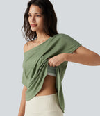 One-Shoulder Short Sleeve Curved Hem High Low Built-in Bra Casual Heathered Top — Light Green Floral Yarn — view 1