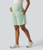 Airy Super High Waisted 2-in-1 InstantCool Yoga Maternity Shorts 9'' with Pockets — Light Bean Green — view 5