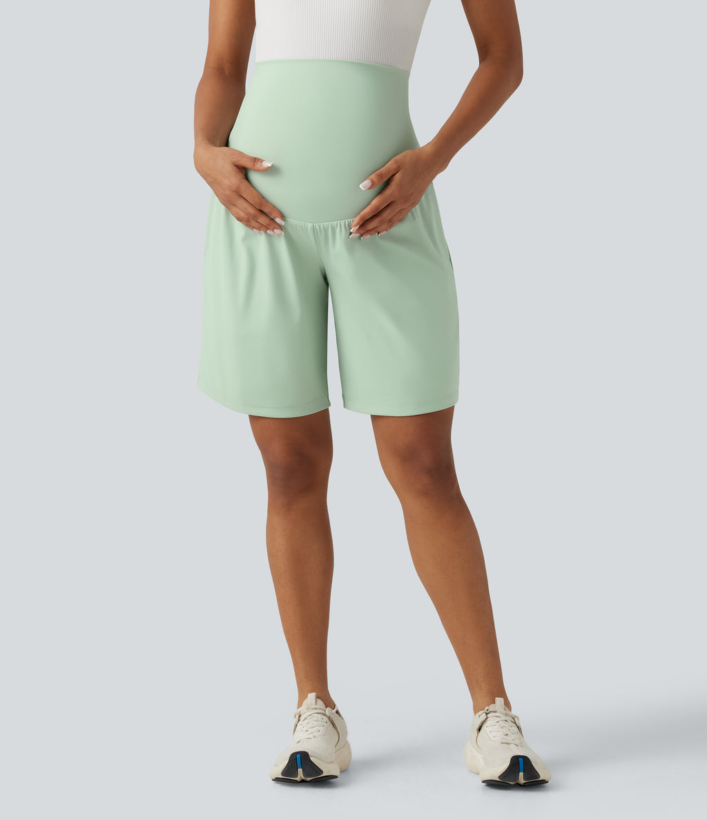 Airy Super High Waisted 2-in-1 InstantCool Yoga Maternity Shorts 9'' with Pockets — Light Bean Green — view 4