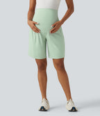 Airy Super High Waisted 2-in-1 InstantCool Yoga Maternity Shorts 9'' with Pockets — Light Bean Green — view 4