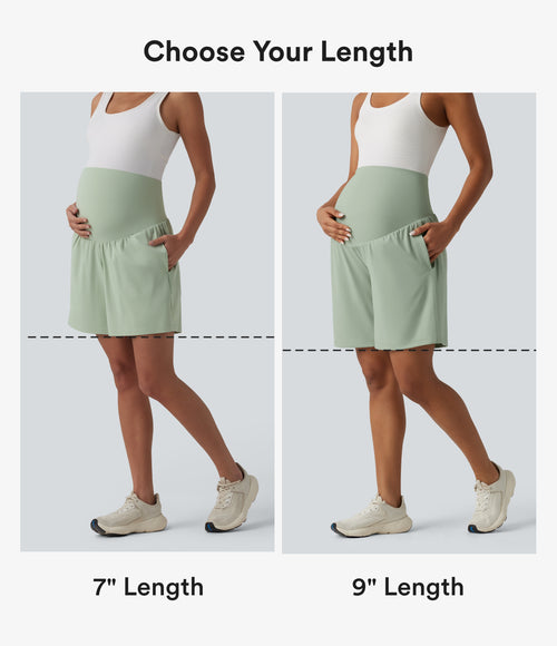 Airy Super High Waisted 2-in-1 InstantCool Yoga Maternity Shorts 9'' with Pockets — Light Bean Green — view 2