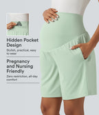 Airy Super High Waisted 2-in-1 InstantCool Yoga Maternity Shorts 9'' with Pockets — Light Bean Green — view 1