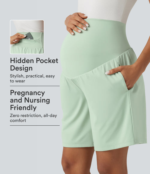 Airy Super High Waisted 2-in-1 InstantCool Yoga Maternity Shorts 9'' with Pockets — Light Bean Green — view 1