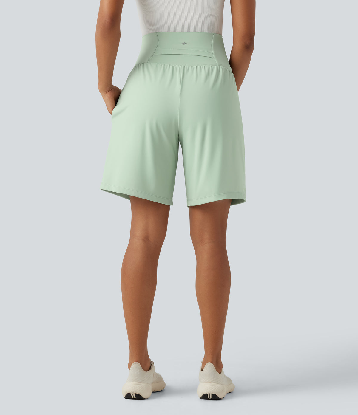 Airy Super High Waisted 2-in-1 InstantCool Yoga Maternity Shorts 9'' with Pockets — Light Bean Green — view 3