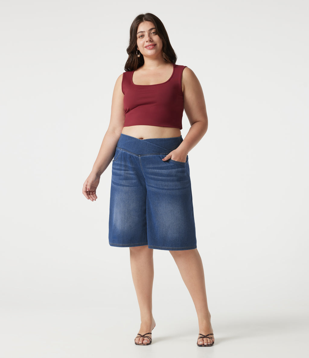 Denim Plus Size Crossover High Waisted Tummy Control Casual Baggy Shorts with Pockets — Estate Blue Denim — view 7