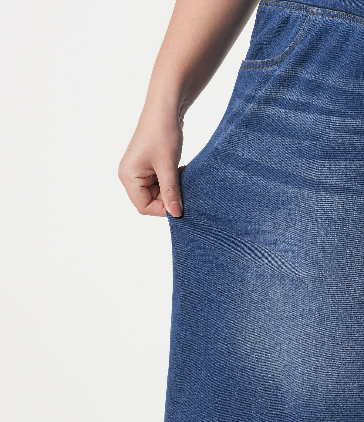 Denim Plus Size Crossover High Waisted Tummy Control Casual Baggy Shorts with Pockets — Estate Blue Denim — view 4