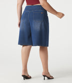 Denim Plus Size Crossover High Waisted Tummy Control Casual Baggy Shorts with Pockets — Estate Blue Denim — view 2