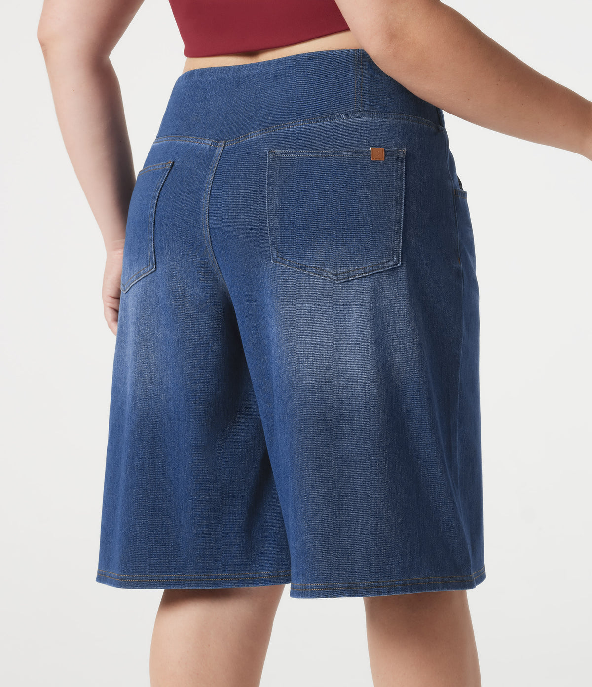 Denim Plus Size Crossover High Waisted Tummy Control Casual Baggy Shorts with Pockets — Estate Blue Denim — view 6