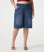 Denim Plus Size Crossover High Waisted Tummy Control Casual Baggy Shorts with Pockets — Estate Blue Denim — view 3