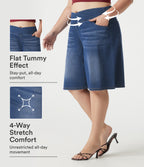 Denim Plus Size Crossover High Waisted Tummy Control Casual Baggy Shorts with Pockets — Estate Blue Denim — view 1
