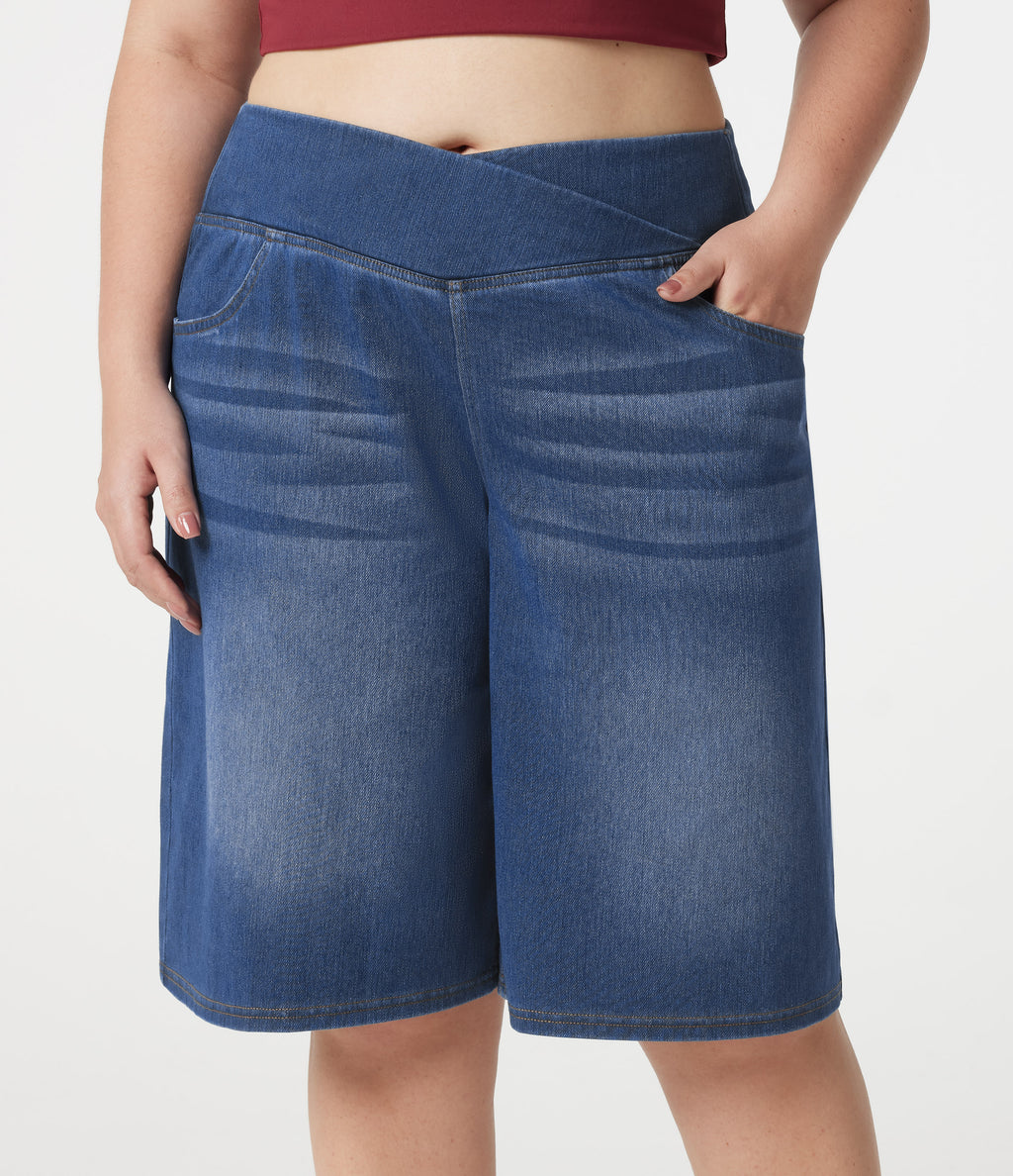 Denim Plus Size Crossover High Waisted Tummy Control Casual Baggy Shorts with Pockets — Estate Blue Denim — view 5