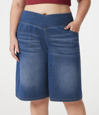 Denim Plus Size Crossover High Waisted Tummy Control Casual Baggy Shorts with Pockets — Estate Blue Denim — view 5