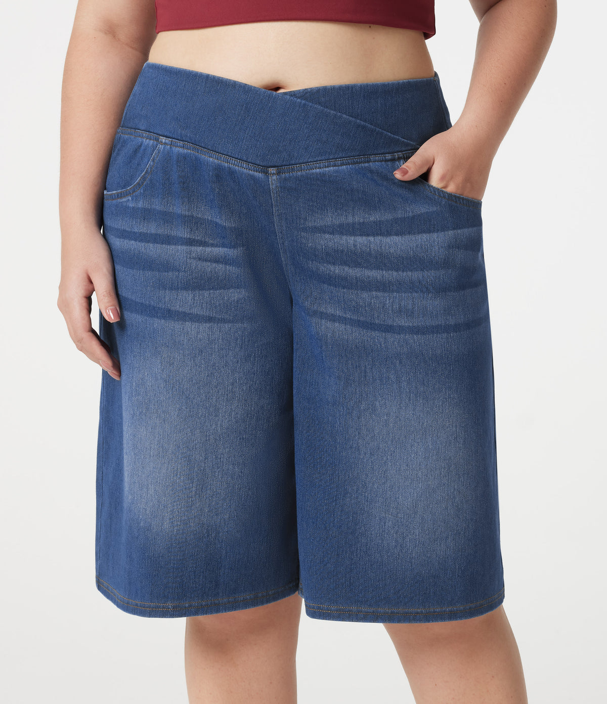 Denim Plus Size Crossover High Waisted Tummy Control Casual Baggy Shorts with Pockets — Estate Blue Denim — view 5