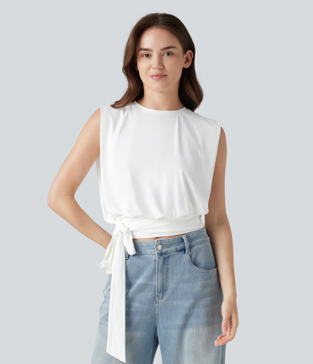 Round Neck Sleeveless Tie Side InstantCool Casual Top-UPF50+ — White — view 4