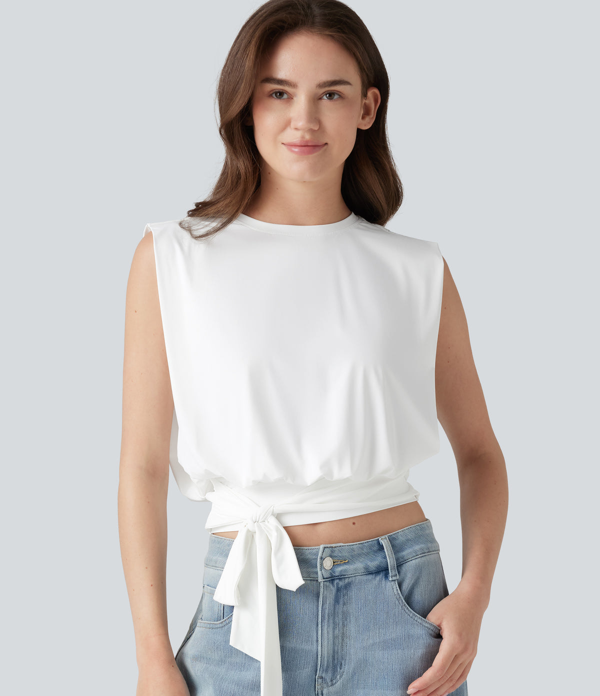 Round Neck Sleeveless Tie Side InstantCool Casual Top-UPF50+ — White — view 1