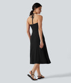 Halter Tie Back A-Line Midi Dress with Pockets — Black — view 1