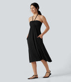 Halter Tie Back A-Line Midi Dress with Pockets — Black — view 3