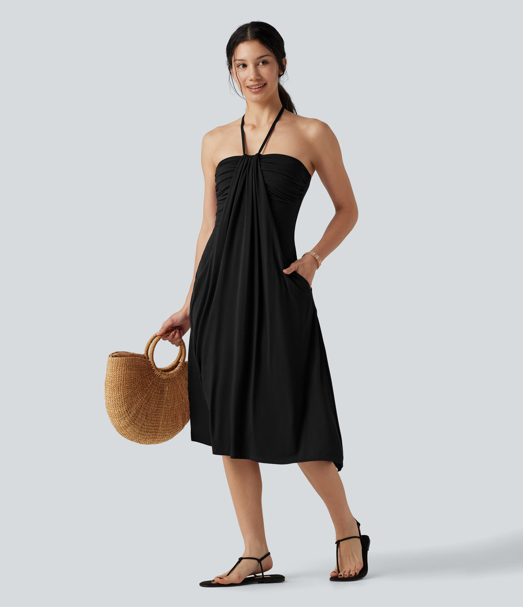 Halter Tie Back A-Line Midi Dress with Pockets — Black — view 7