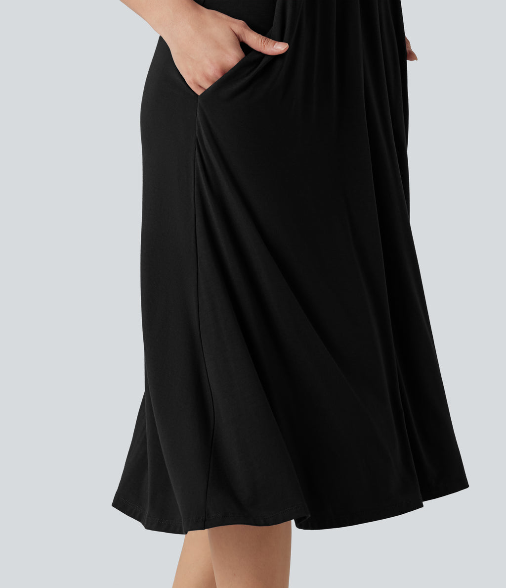 Halter Tie Back A-Line Midi Dress with Pockets — Black — view 5