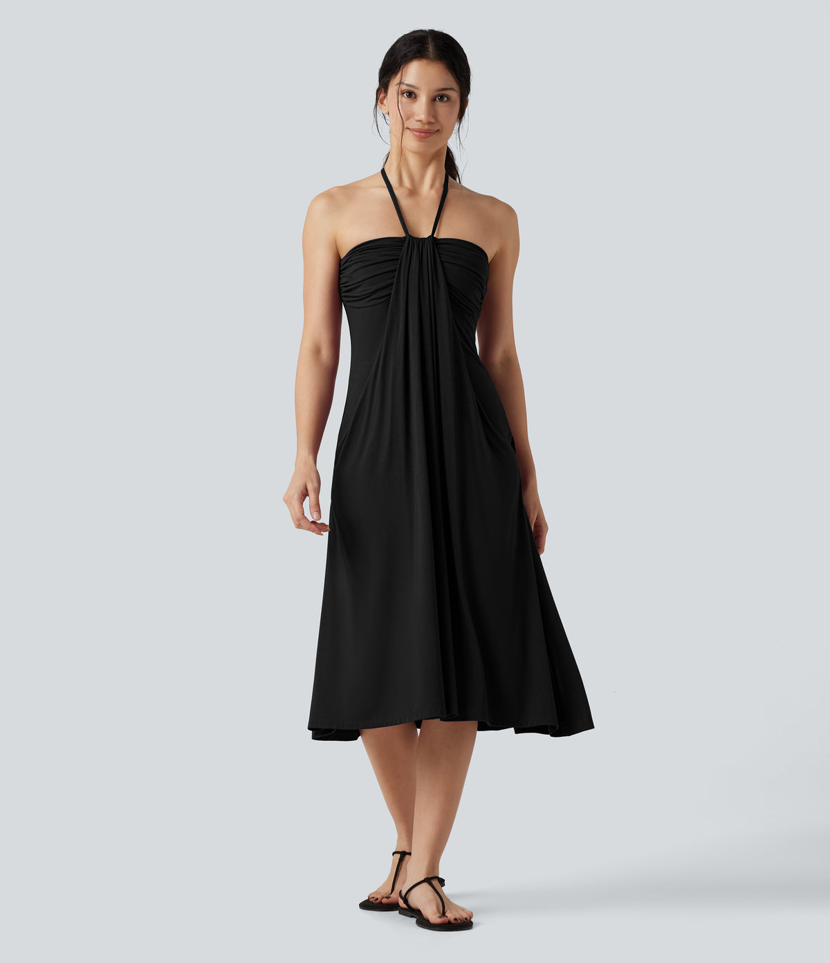 Halter Tie Back A-Line Midi Dress with Pockets — Black — view 2