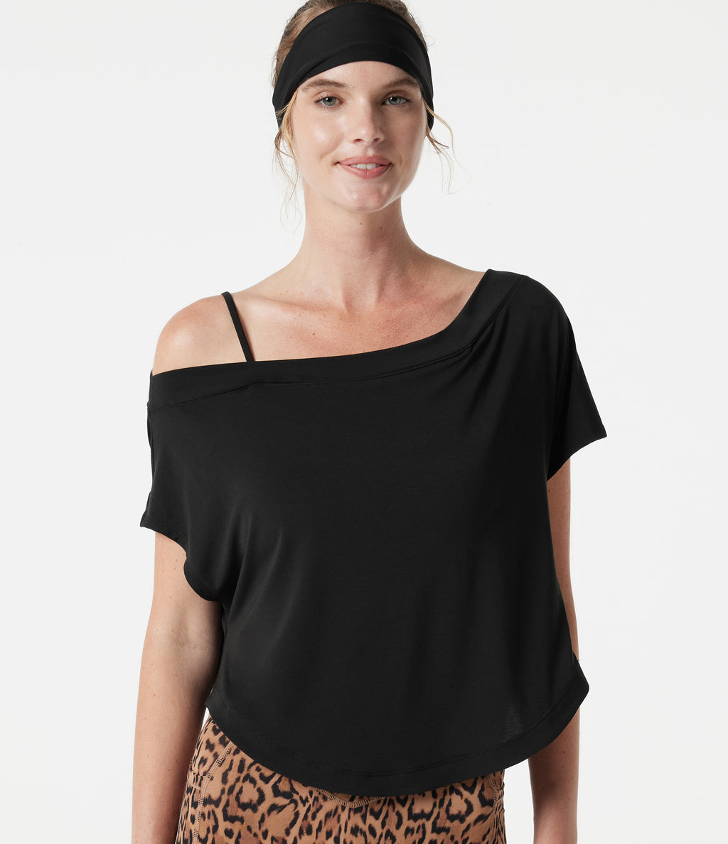 One Shoulder Short Sleeve Curved Hem High Low Built-in Bra Quick Dry Yoga Sports Top — Black — view 5