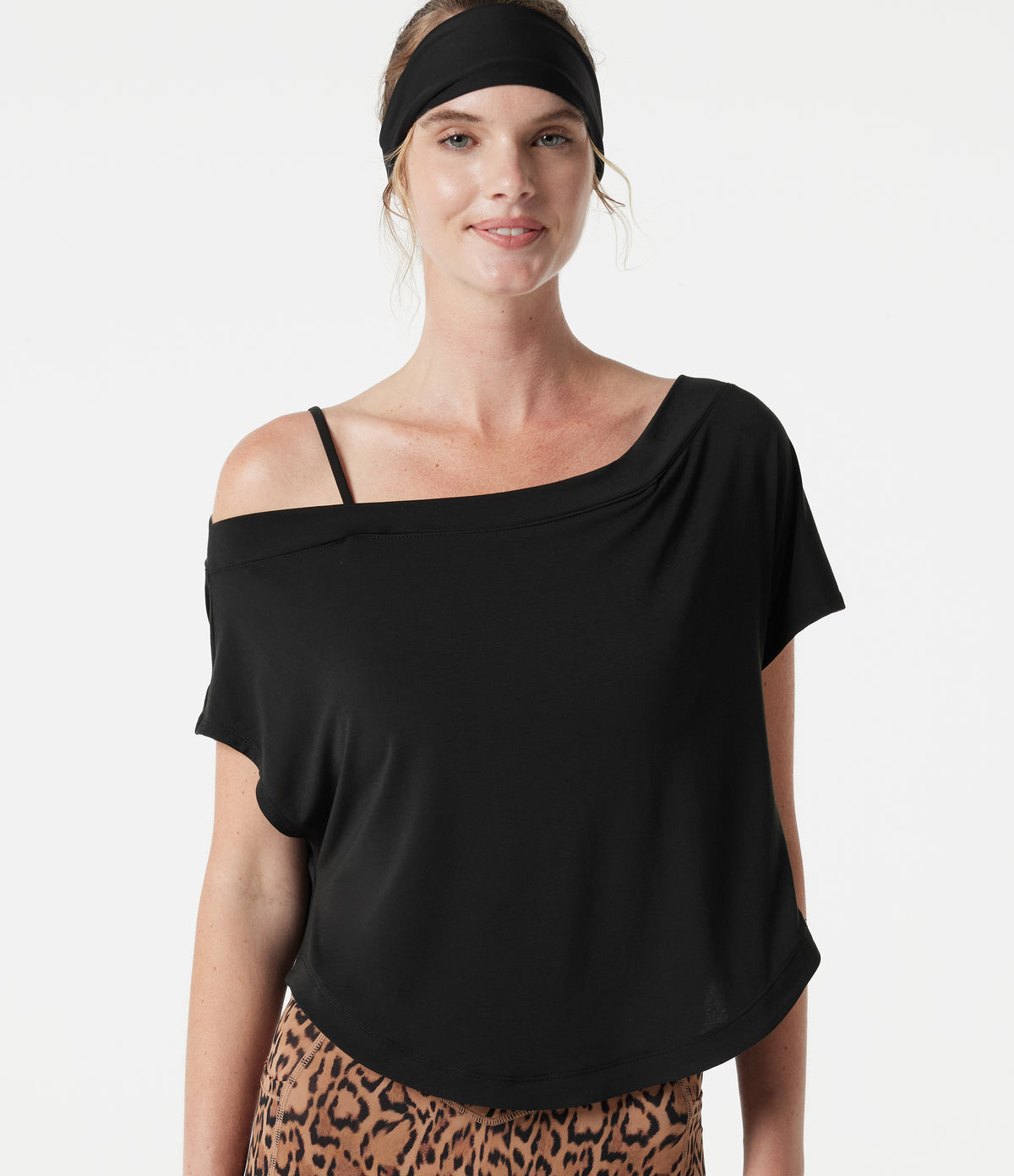 One Shoulder Short Sleeve Curved Hem High Low Built-in Bra Quick Dry Yoga Sports Top — Black — view 5